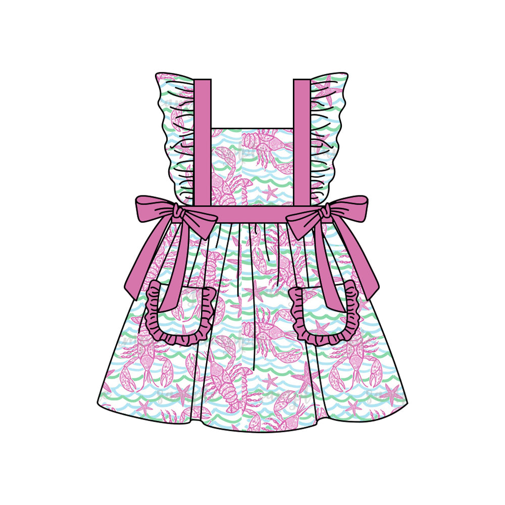 preorder GSD1860 Hot Pink Crayfish Bows Pockets Flutter Sleeve Girls Dress