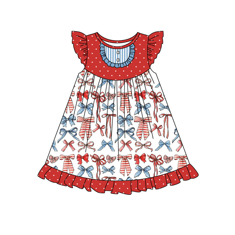 preorder GSD1863 July 4th Red Blue Bows Flutter Sleeve Girls Dress