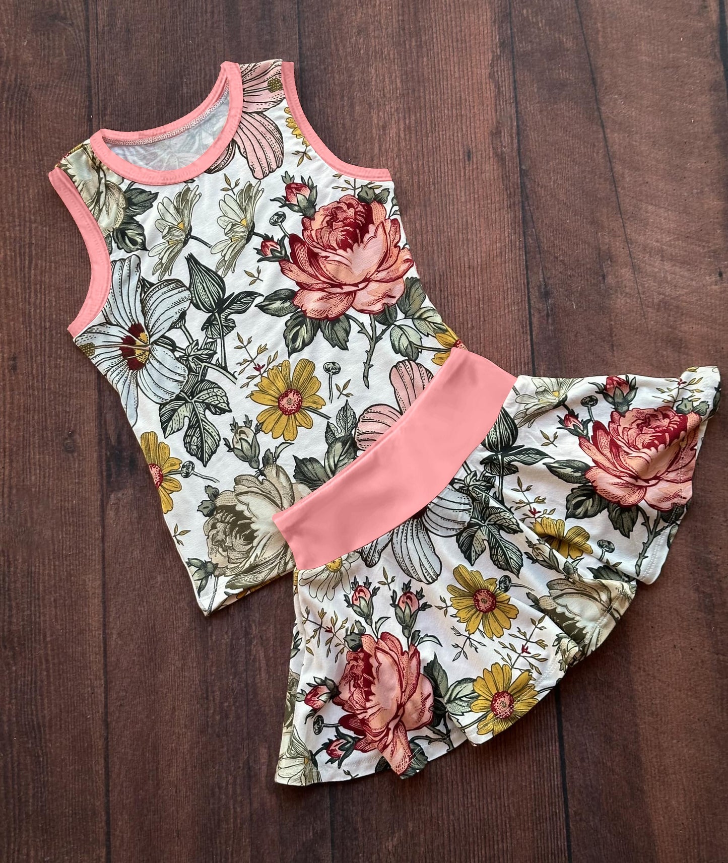 preorder GSD1865 Pink Flowers Yellow Flowers Pink Sleeveless Skirt Girls Set