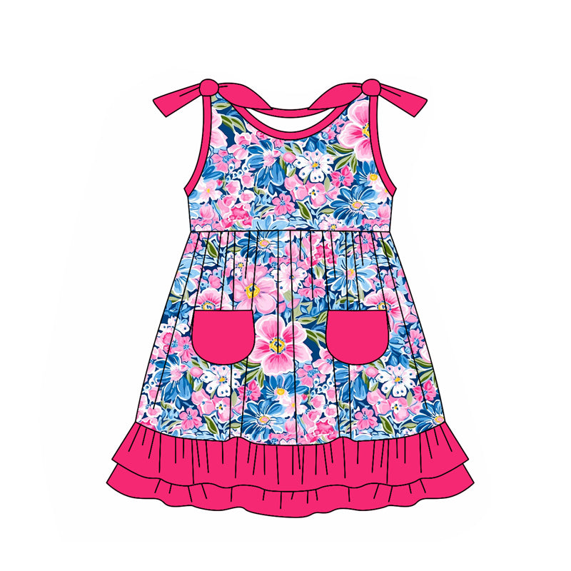 preorder GSD1868 Colorful Flowers Hot Pink Pockets Girls Bows Dress