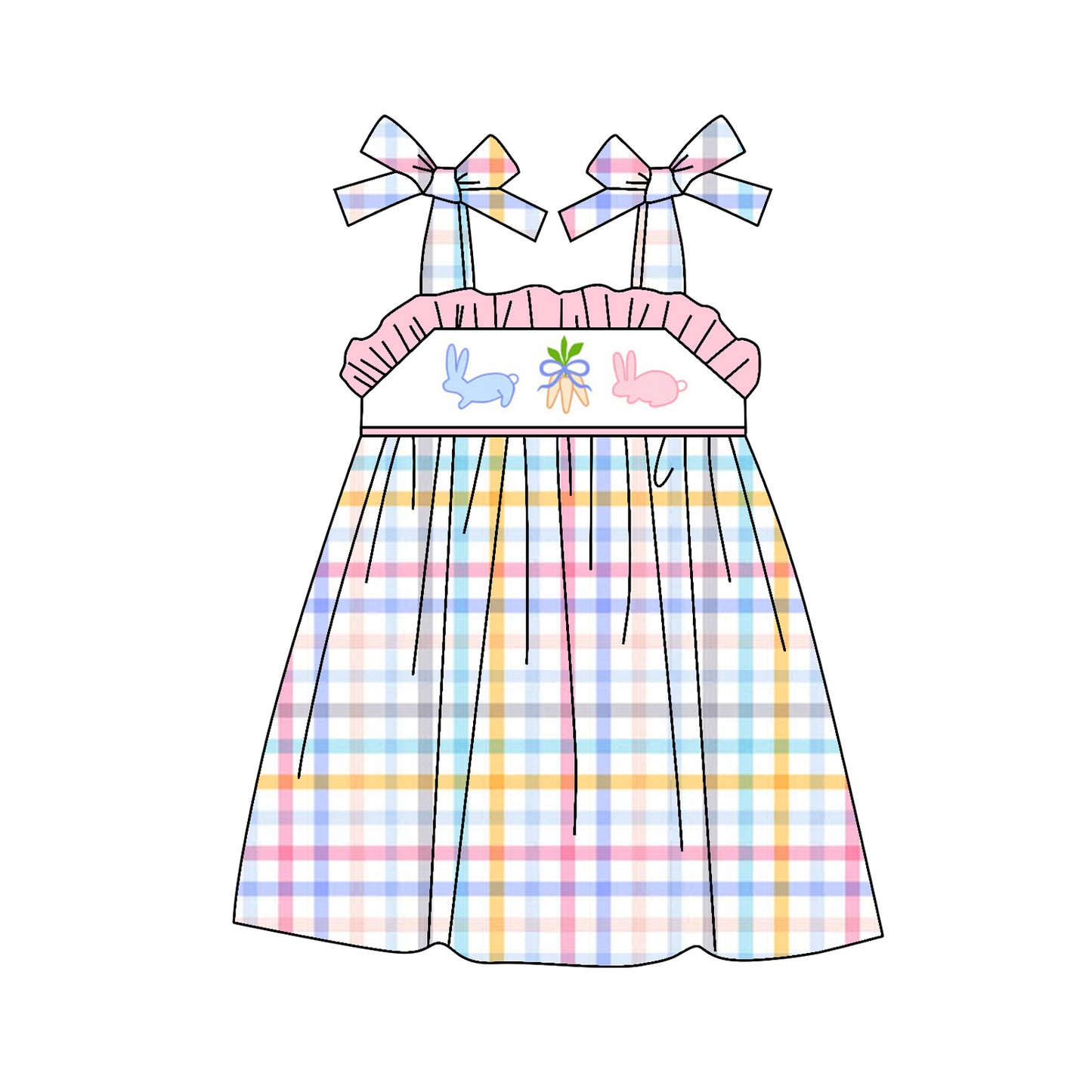 preorder GSD1871 Easter Bunny Rabbit Carrot Colorful Checkered Girls Dress