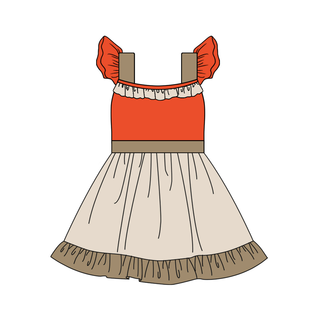 preorder GSD1879 Cartoon Princess Orange Khaki Flutter Sleeve Girls Dress