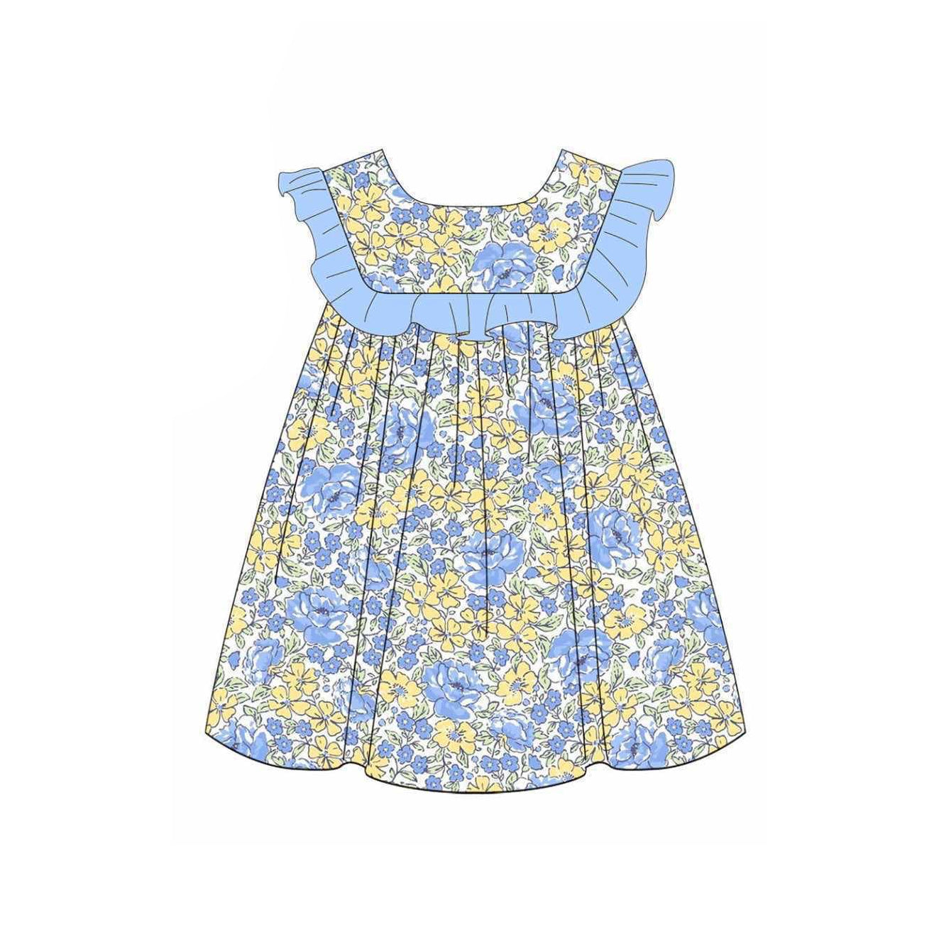 preorder GSD1883 Blue Yellow Flowers Flutter Sleeve Girls Dress