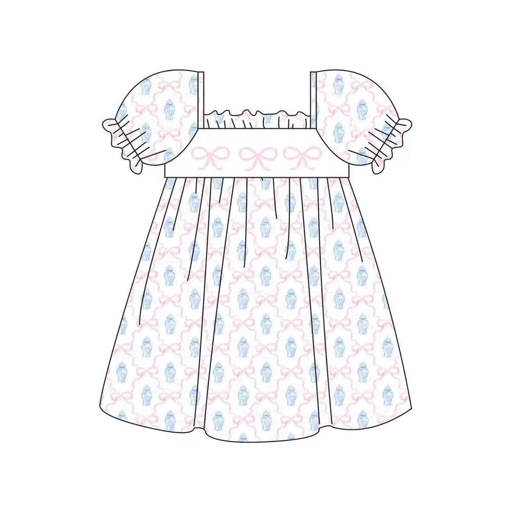 preorder GSD1885 Pink Bows Blue Short Sleeve Girls Dress