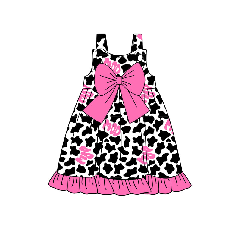 preorder GSD1886 Cowgirl MOO Cow Printing With Big Bow Hot Pink Girls Dress