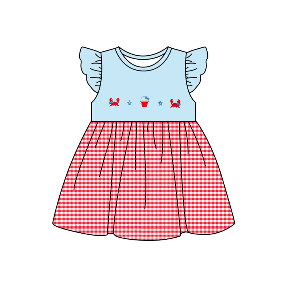 preorder GSD1887 Beach Crab Starfish Blue Flutter Red Checkered Girls Dress