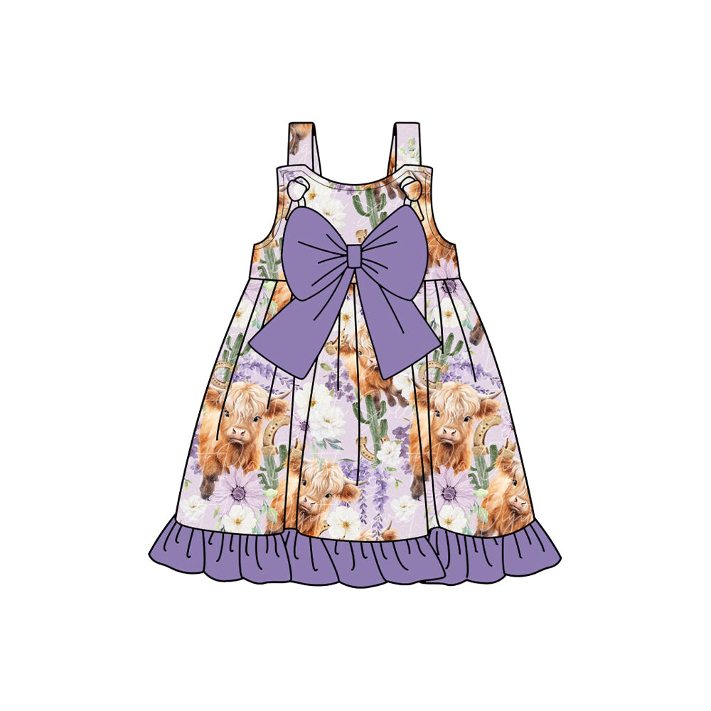 preorder GSD1889 Western highland cow flowers purple with bow girls dress