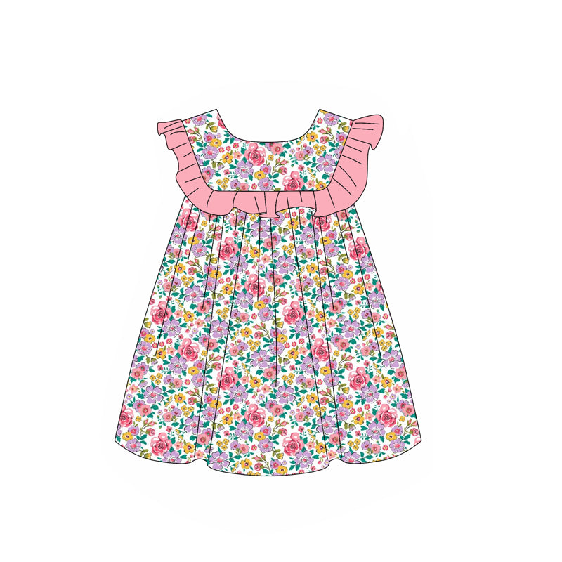preorder GSD1894 colorful flowers pink ruffles flutter sleeve girls floral dress