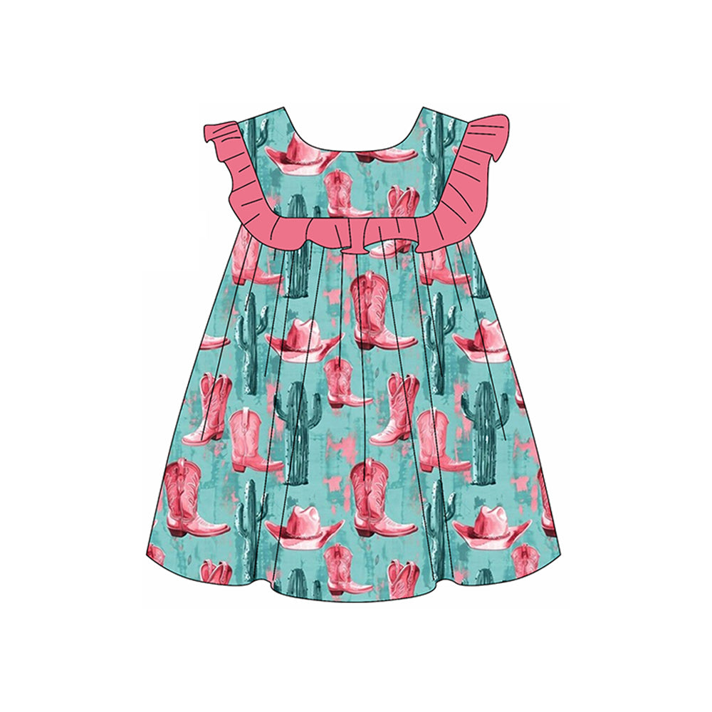 preorder GSD1909 Western cactus boot pink ruffles blue girls dress