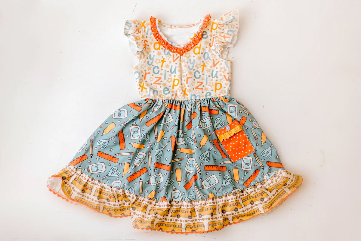 preorder GSD1921 back to school pen letter orange flutter sleeve girls dress