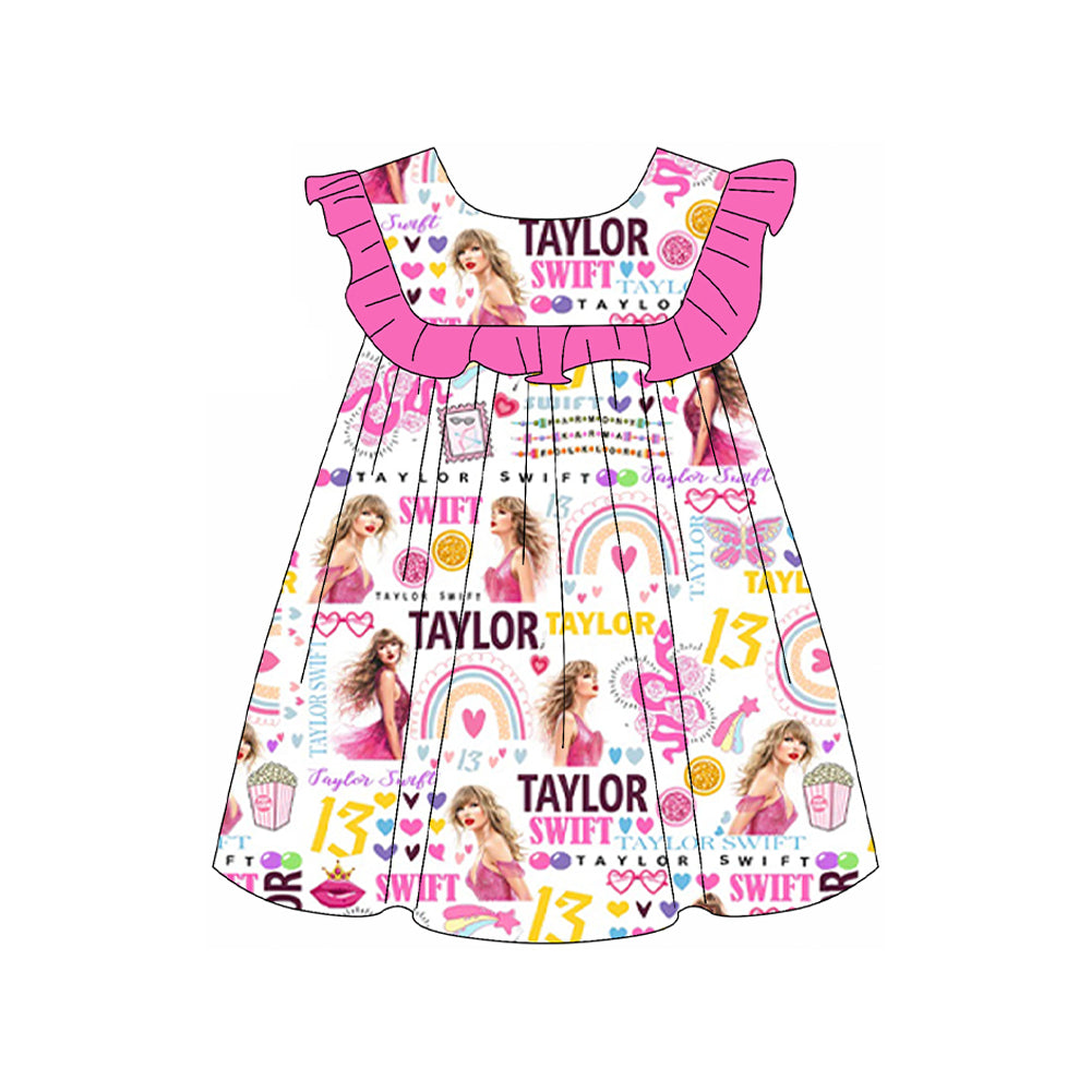 preorder GSD1932 Taylor country singer heart hot pink ruffles sleeve girls dress