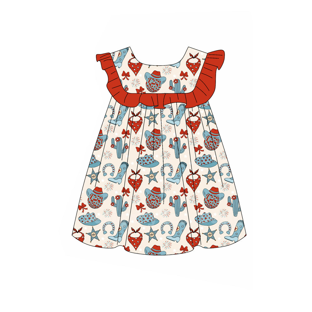 preorder GSD1936 July 4th cactus boot firework bows red ruffles sleeve girls dress