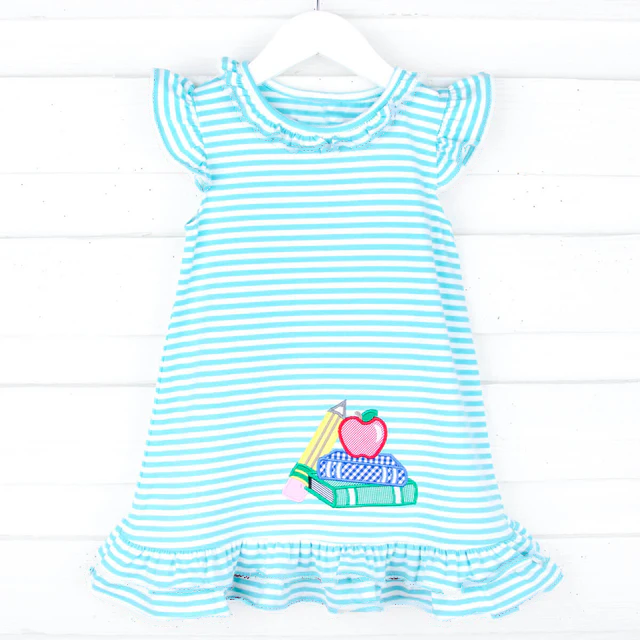 preorder GSD1937 back to shcool pen book apple green striped flutter sleeve girls dress