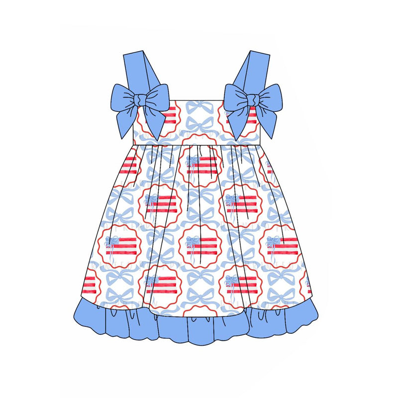custom moq 3 July 4th flag blue bows camisole girls dress