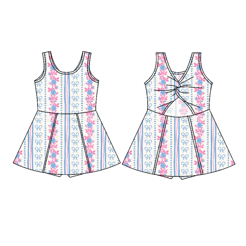 preorder GSD1943 blue bows flowers pink twril bow dress with shorts girls yoga clothes