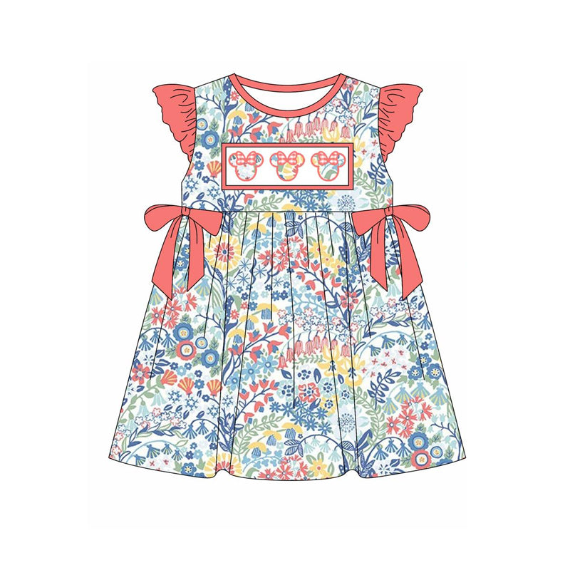 preorder GSD1951 cartoon M colorful flowers watermelon red bows flutter sleeve girls dress