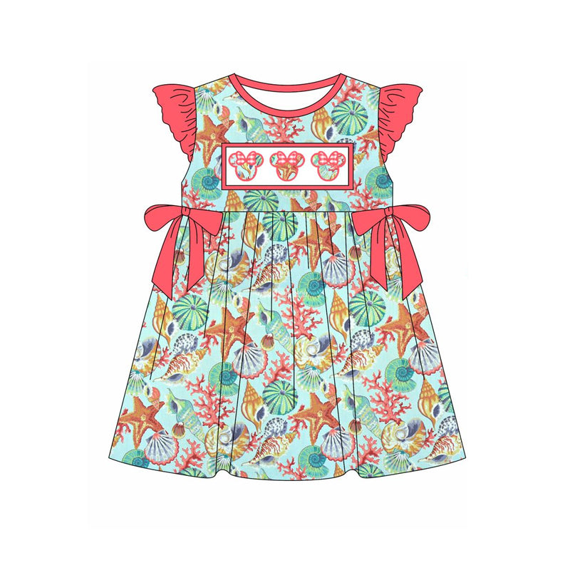 preorder GSD1952 cartoon M shell starfish watermelon red bows flutter sleeve girls dress