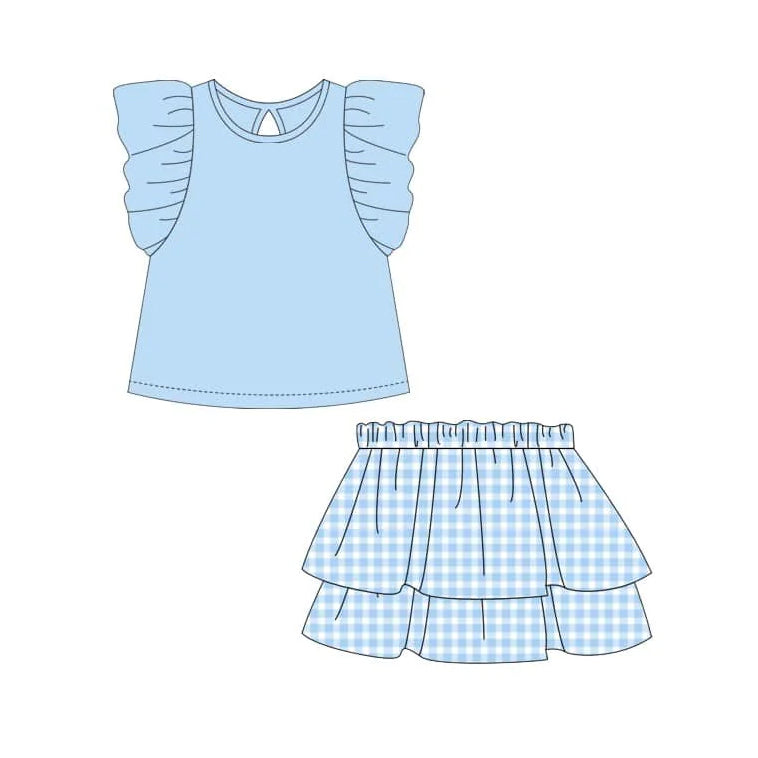 preorder GSD1999 blue flutter sleeve ruffles skirt girls set