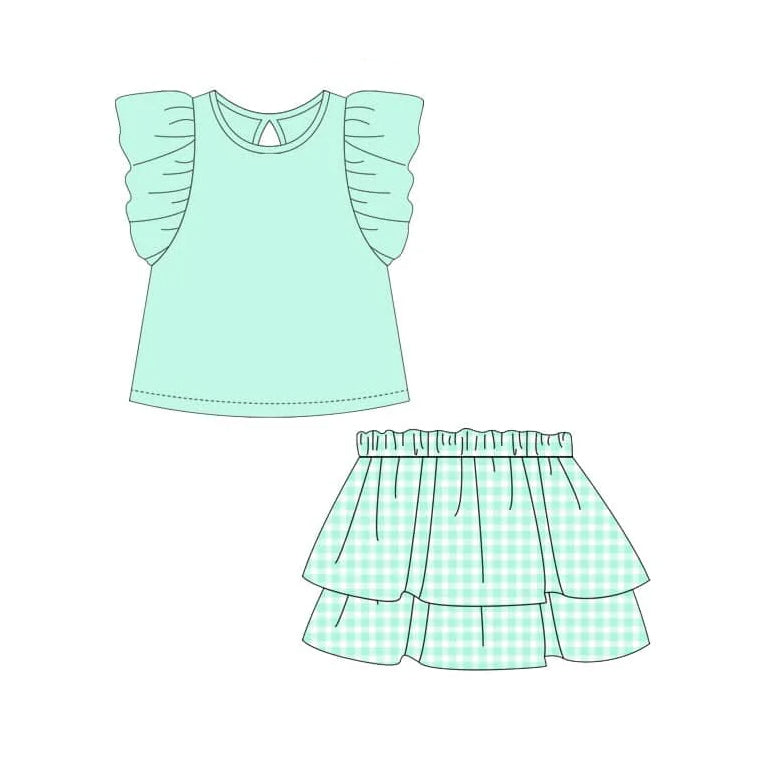 preorder GSD2000 mint color flutter sleeve ruffles skirt girls set