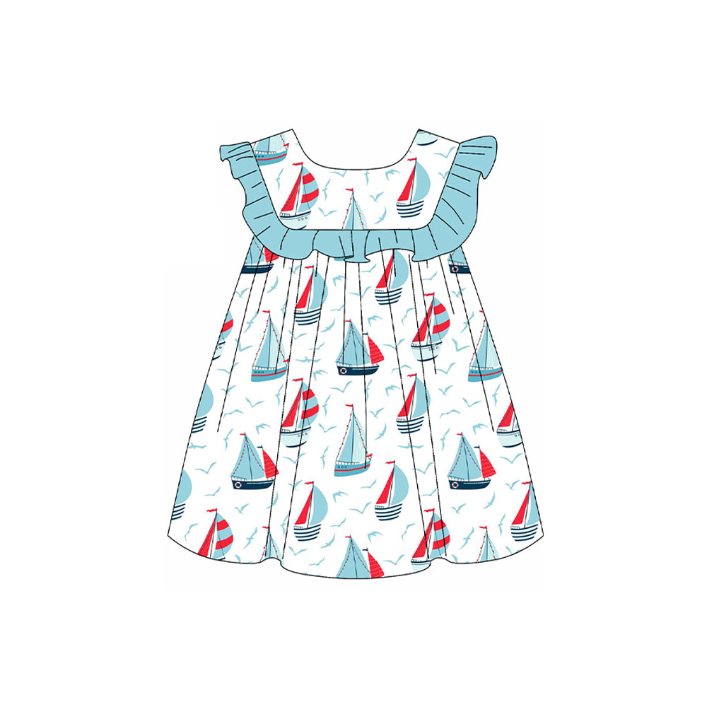 preorder GSD2021 blue cartoon sailboat ruffles sleeve girls dress
