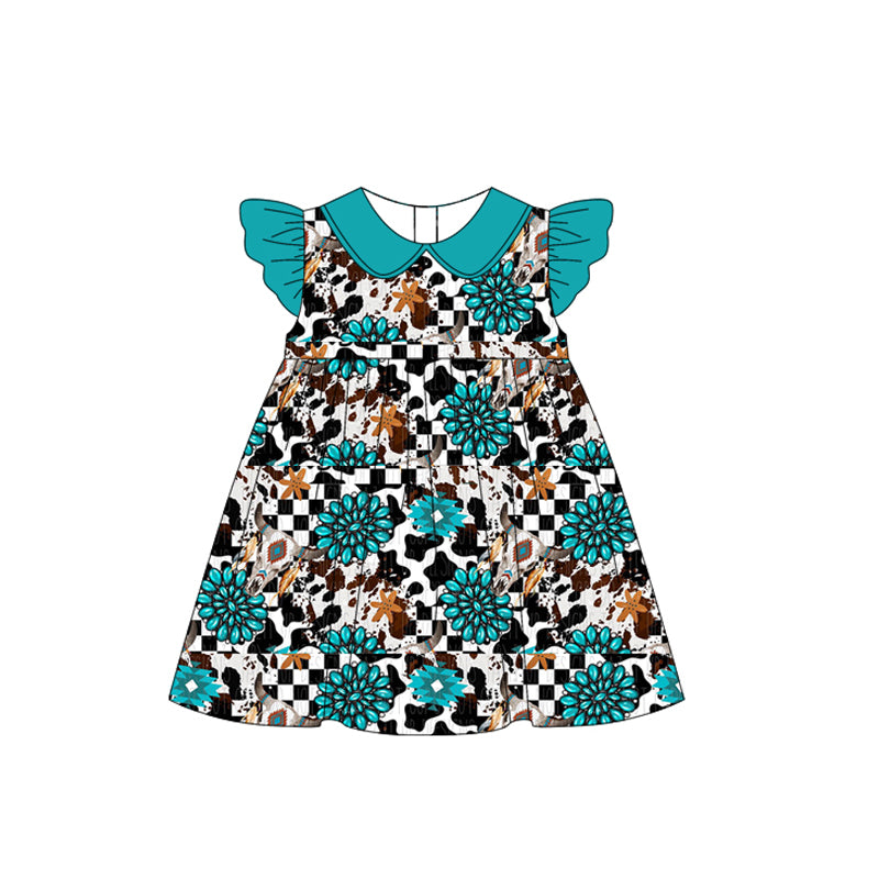 preorder GSD2022 Western cow turquoise checkered flutter sleeve girls dress