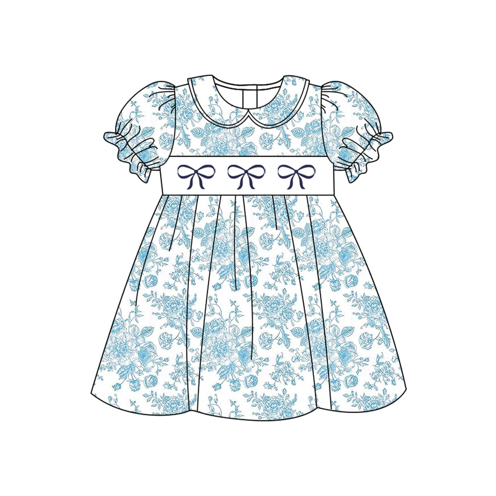preorder GSD2028 blue bows flowers short sleeve girls dress