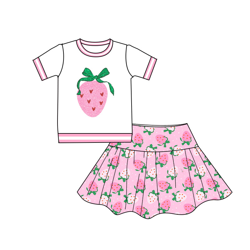 preorder GSD2039 cute strawberry heart short sleeve pink skirt with shorts girls set
