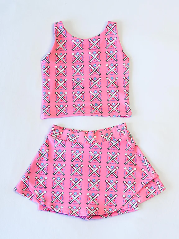 preorder GSD2043 yoga cute baseball pink sleeveless skirt with shorts girls set