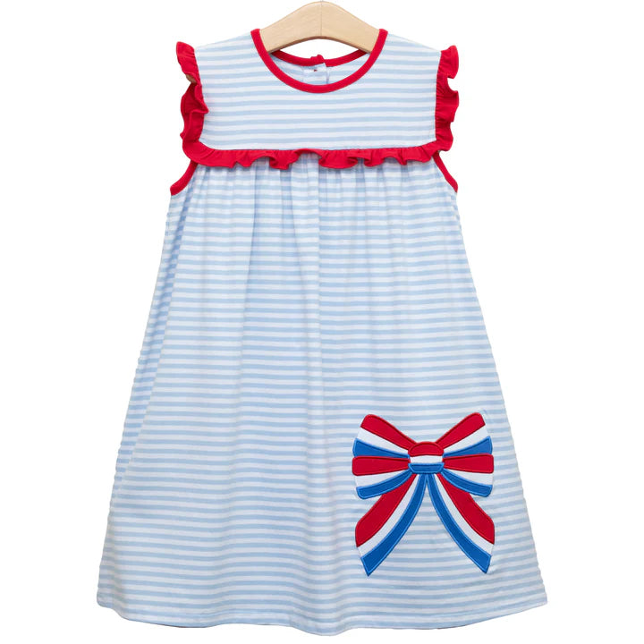 preorder GSD2137 July 4th flag bow blue striped girls dress