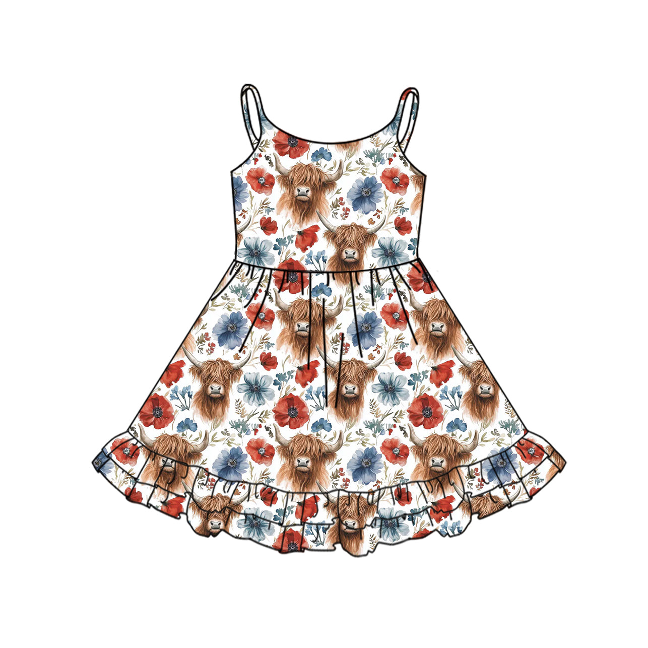 preorder GSD2143 cartoon highland cow flowers girls dress