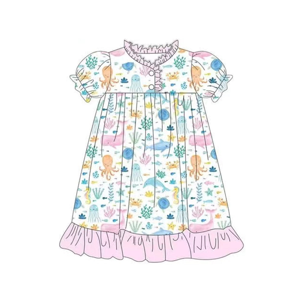 preorder GSD2144 cartoon sea animals sharks octopus pink short sleeve girls dress