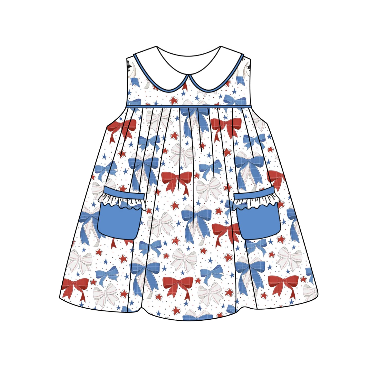 preorder GSD2148 July 4th red blue bows pockets sleeveless girls dress