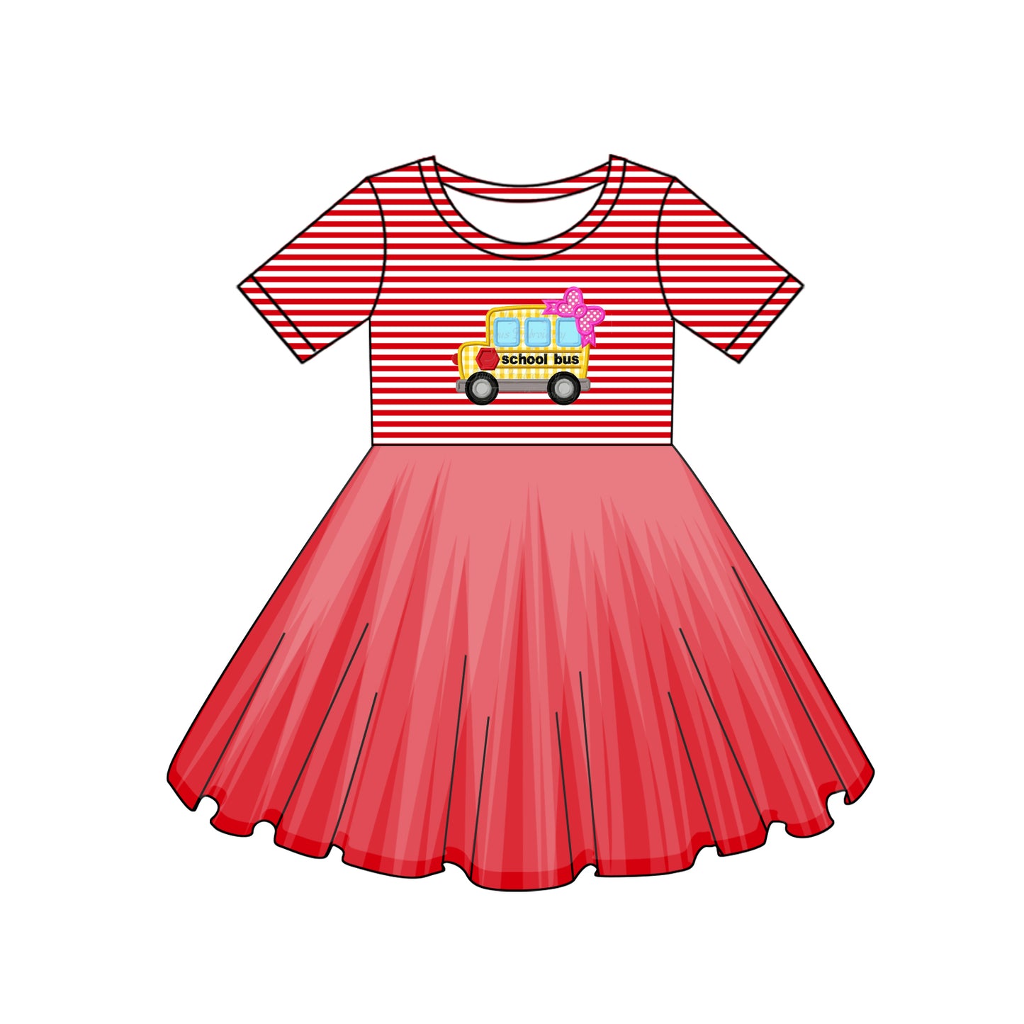 preorder GSD2154 back to school bus red striped short sleeve girls dress