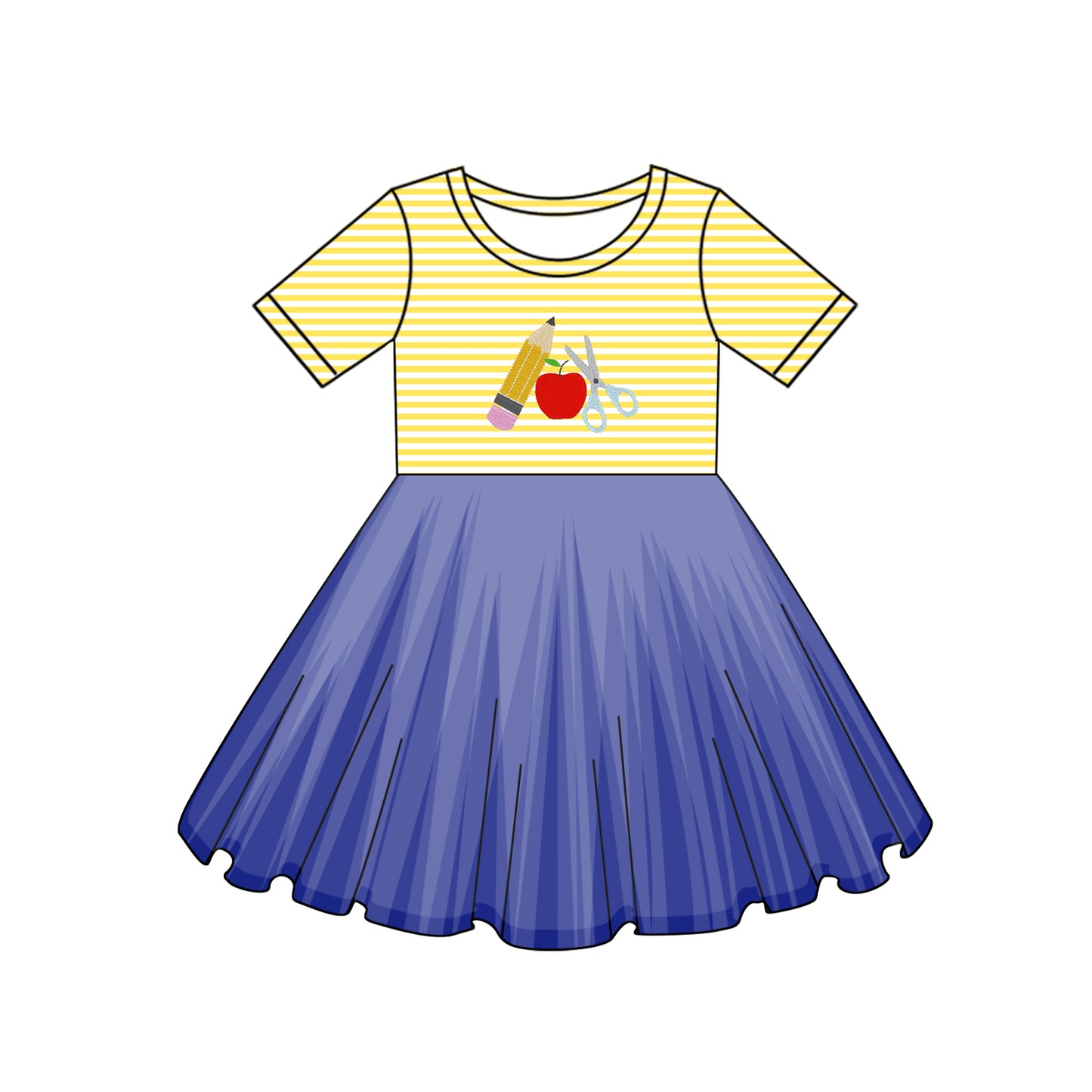 preorder GSD2155 back to school bus yellow striped blue short sleeve girls dress