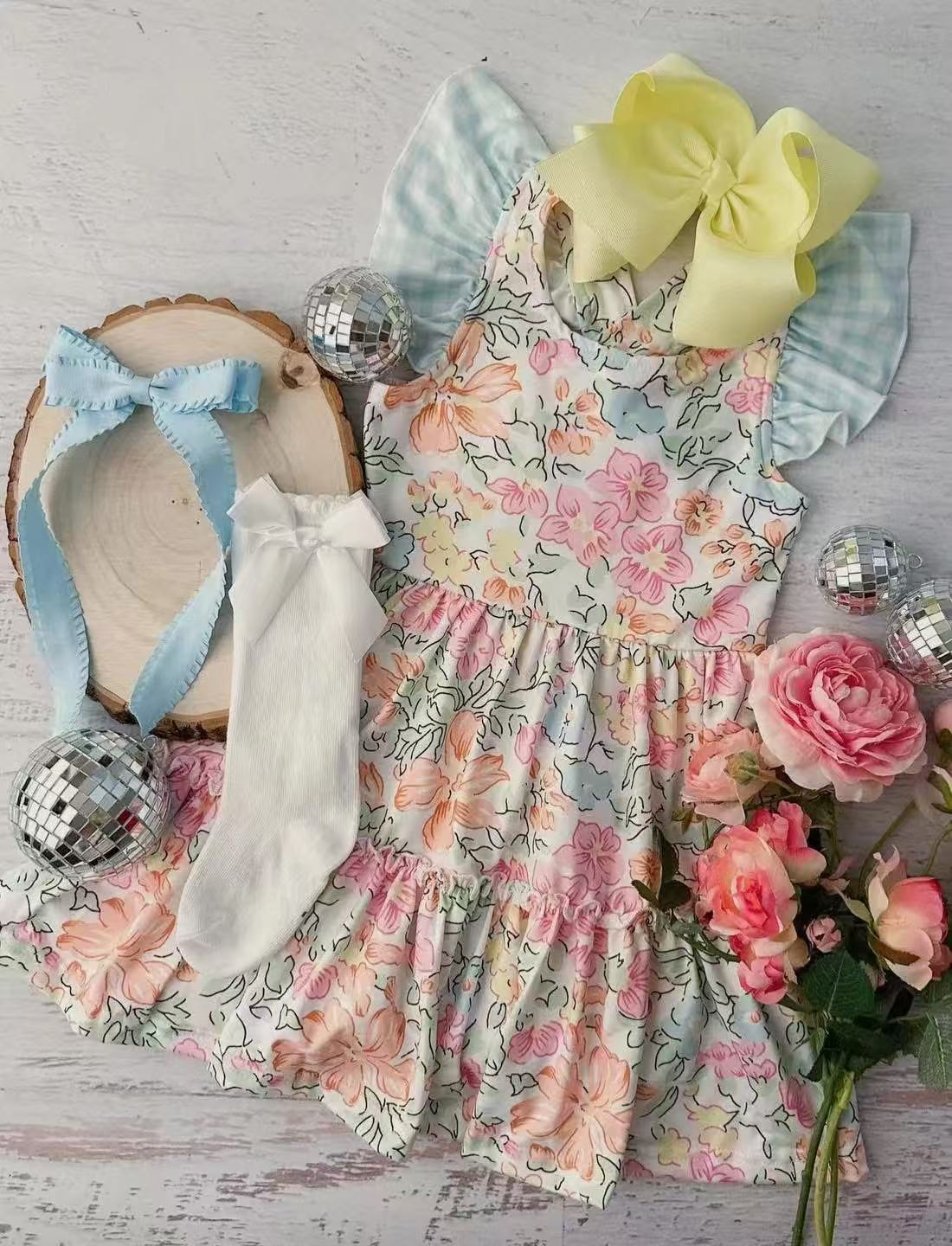 preorder GSD2187 colorful flowers pink flowers flutter sleeve girls dress