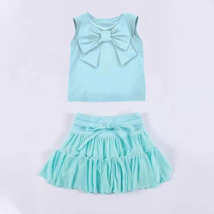 preorder GSD2194 blue bow cotton sleeveless skirt girls set