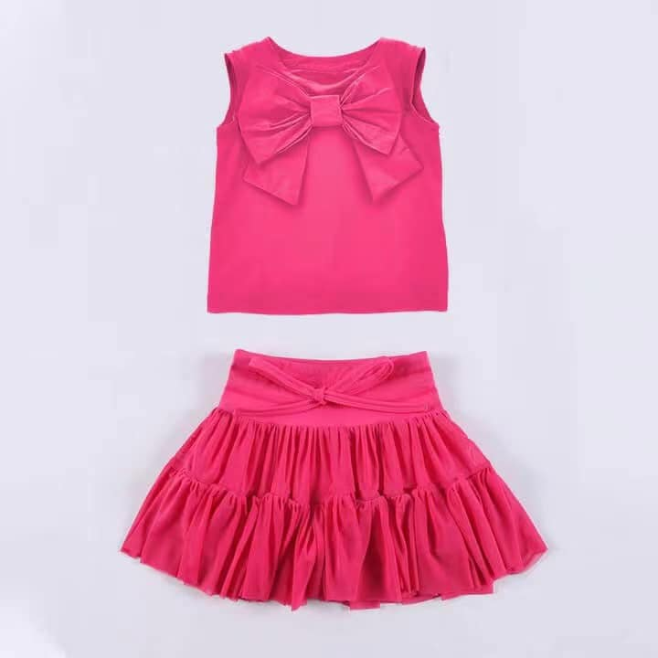 preorder GSD2195 hot pink bow cotton sleeveless skirt girls set