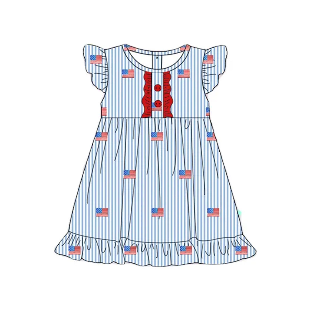 preorder GSD2196 July 4th flag blue striped flutter sleeve girls dress