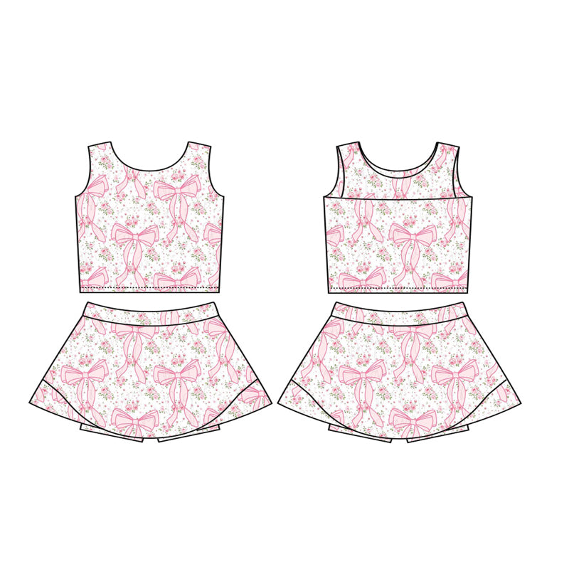 preorder GSD2197 yoga pink bows coquette bows flowers sleeveless skirt with shorts girls set