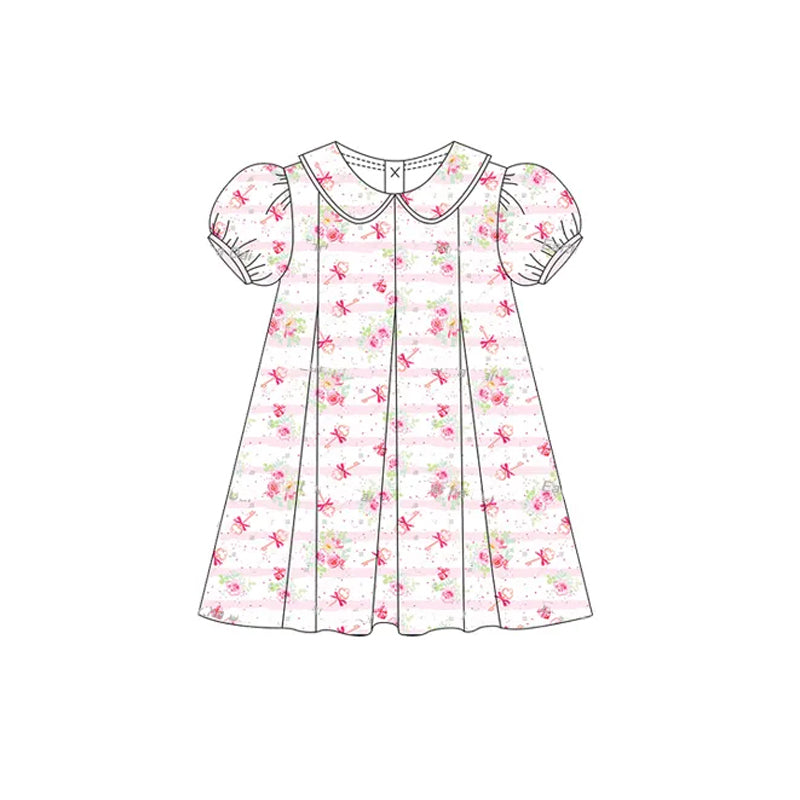 preorder GSD2209 pink bows key flowers pink short sleeve girls dress