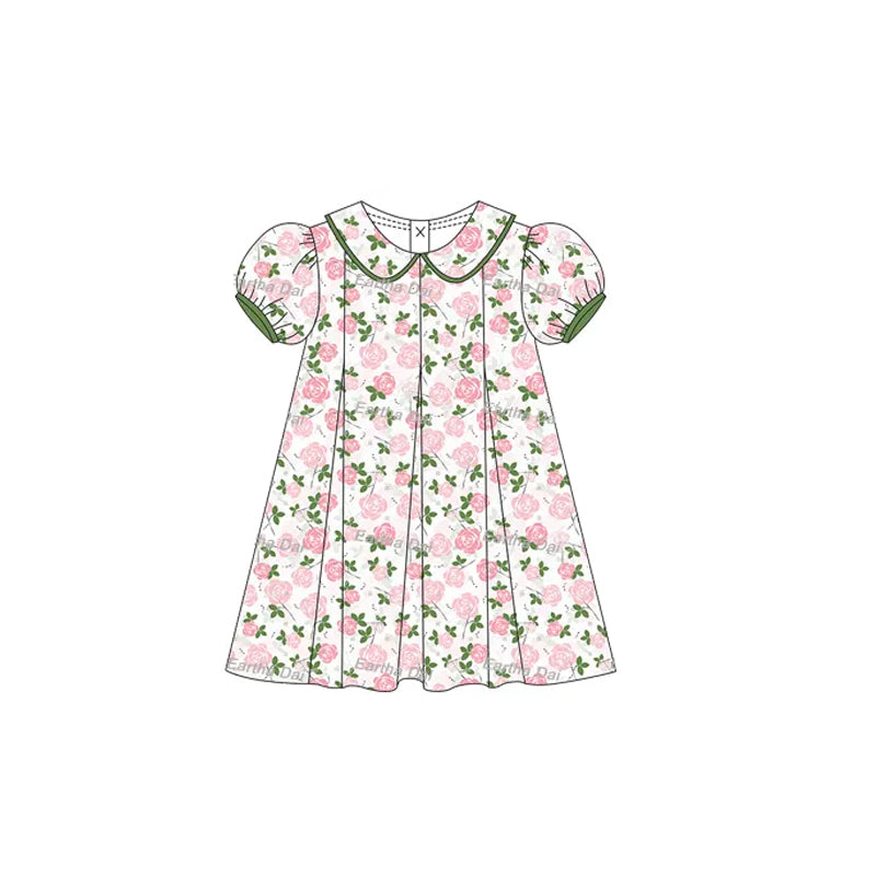preorder GSD2210 pink flowers green short sleeve girls dress