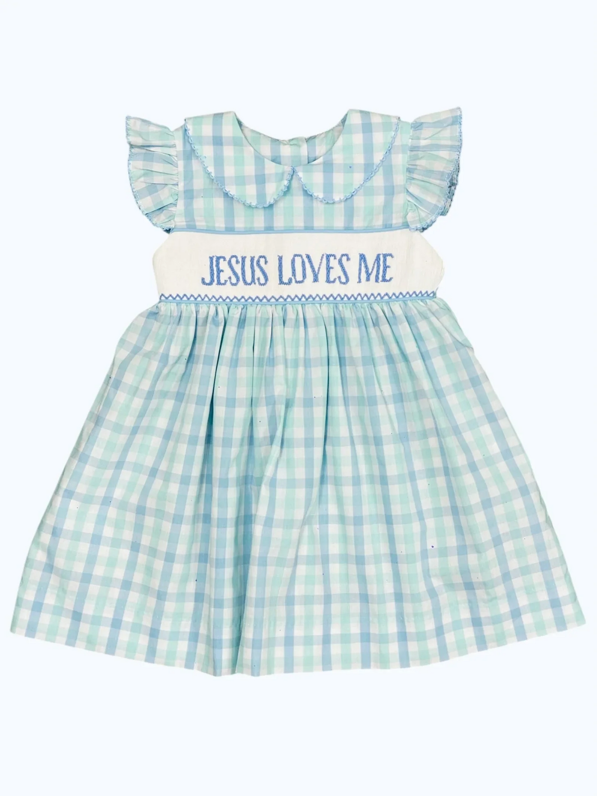 preorder GSD2225 Jusus loves me blue green checkered flutter sleeve girls dress