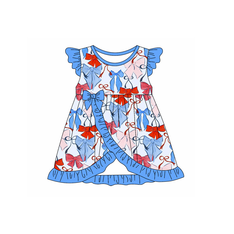preorder GSD2233 July 4th red blue bows flutter sleeve girls dress