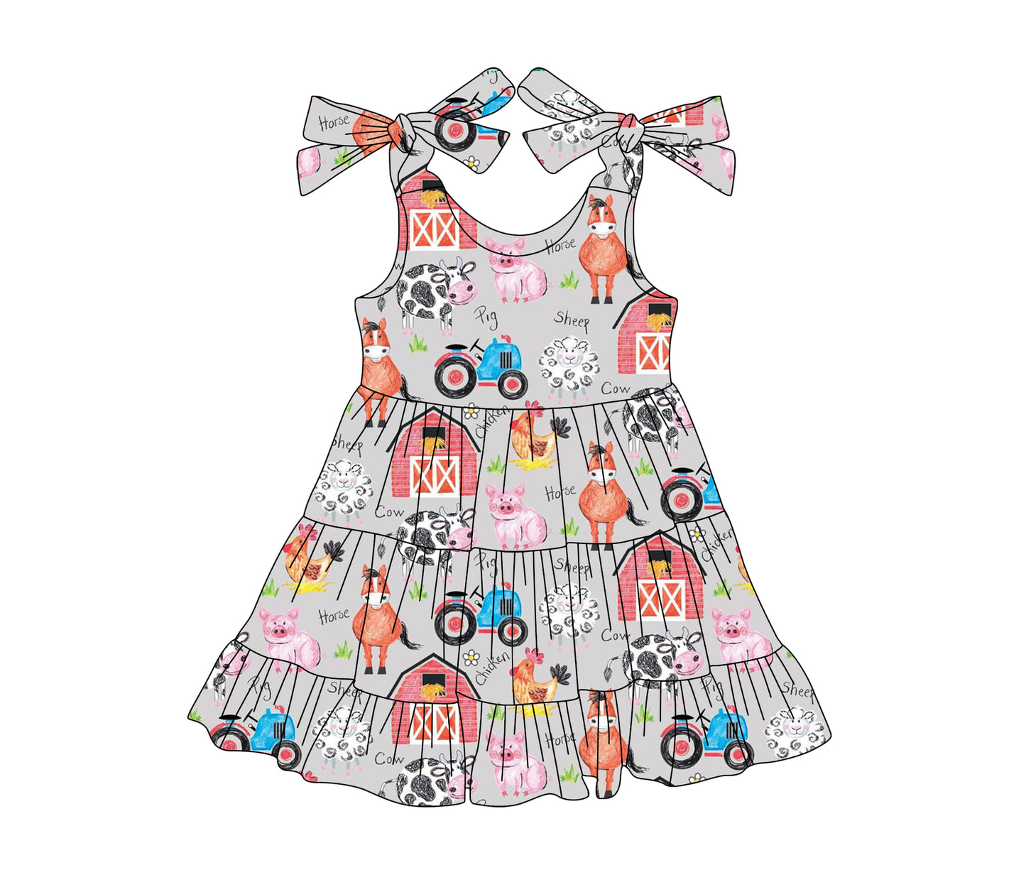 preorder GSD2235 farm house animals tractor grey girls dress