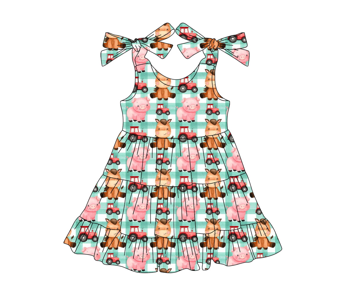 preorder GSD2236 farm horse pig tractor green checkered girls dress