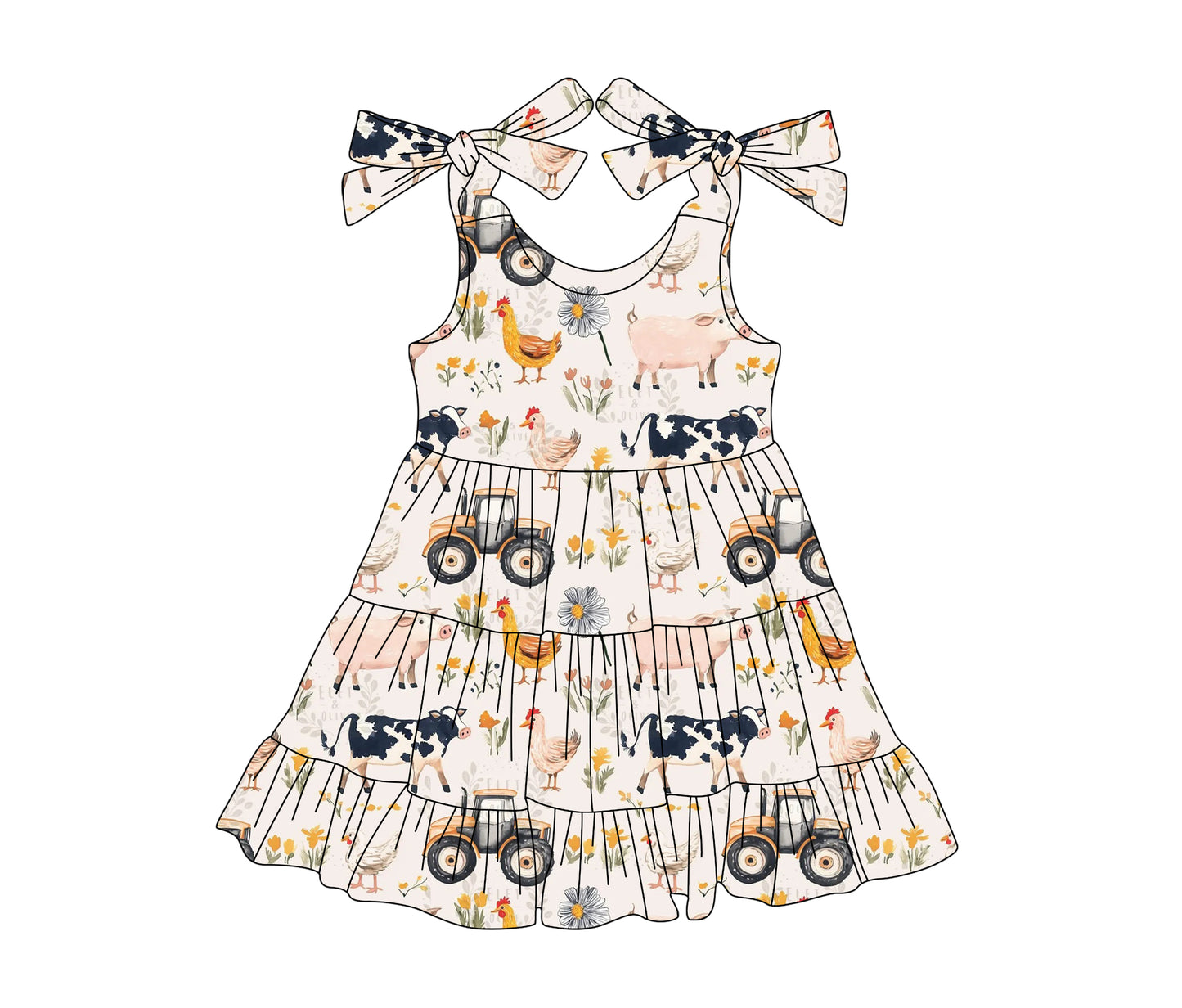 preorder GSD2237 farm tractor chick flowers pig cow girls dress
