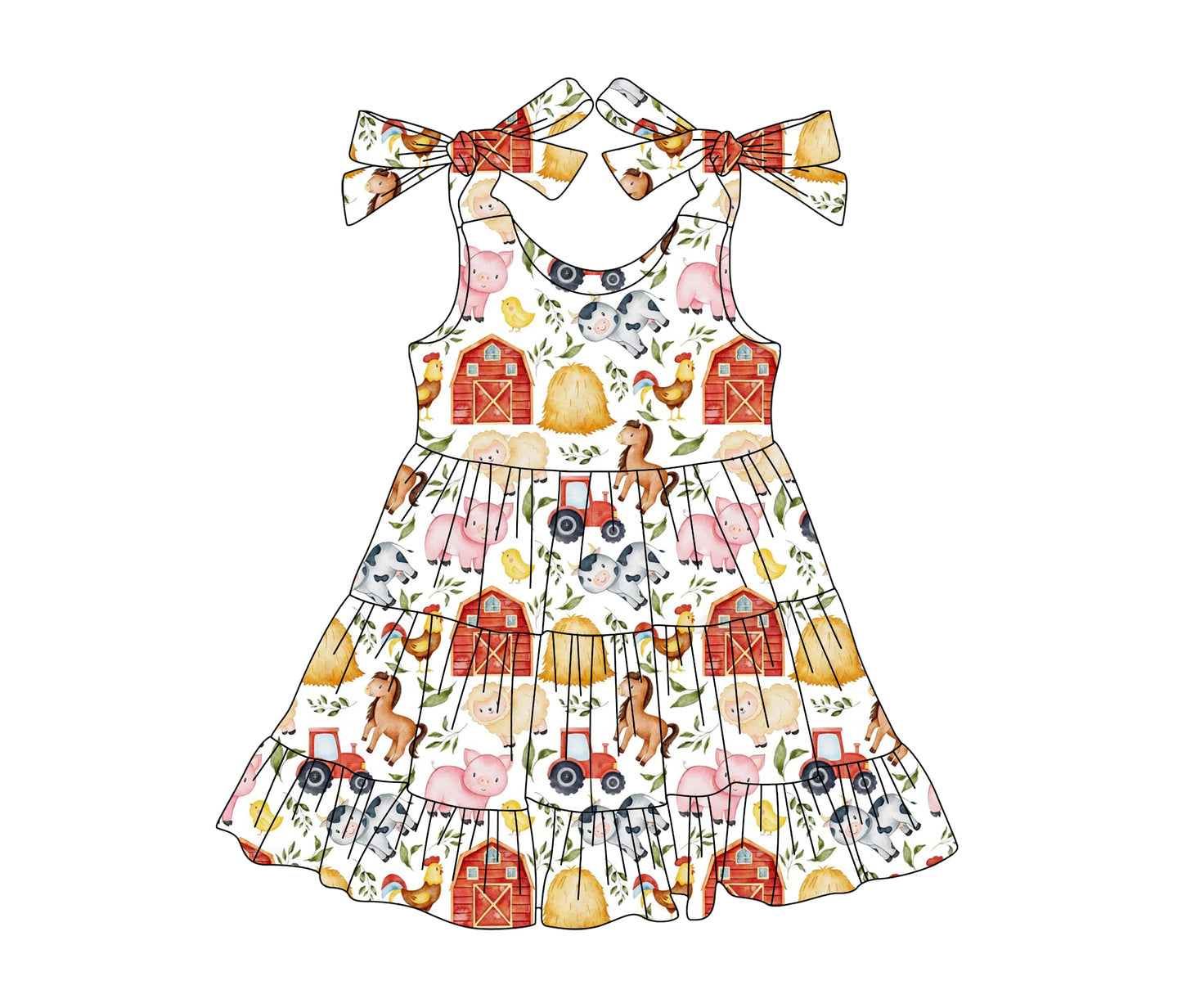 preorder GSD2238 farm tractor house horse chick cow girls dress