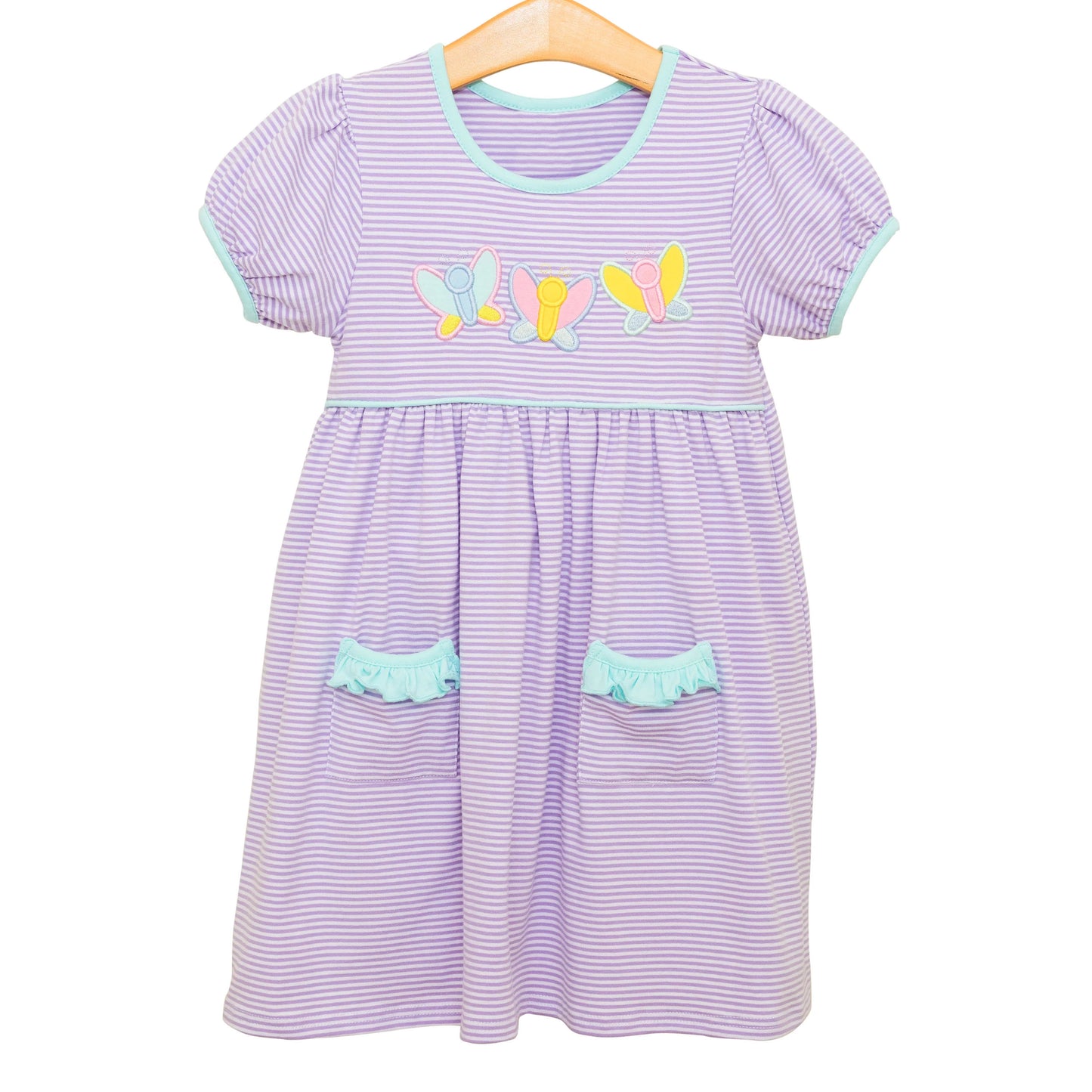 preorder GSD2239 cute butterfly purple striped pockets short sleeve girls dress