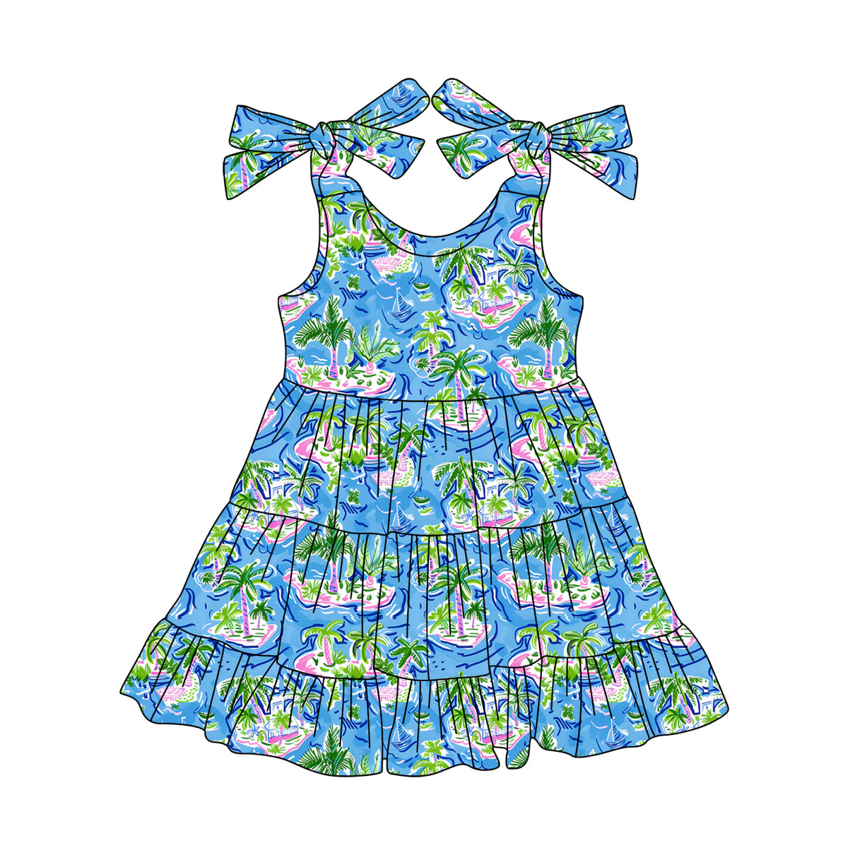 preorder GSD2273 coconut tree holiday blue girls dress