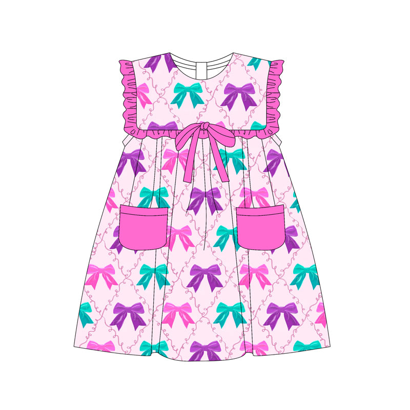 preorder GSD2320 colorful bows purple/hot pink/green bows pockets sleeveless girls dress